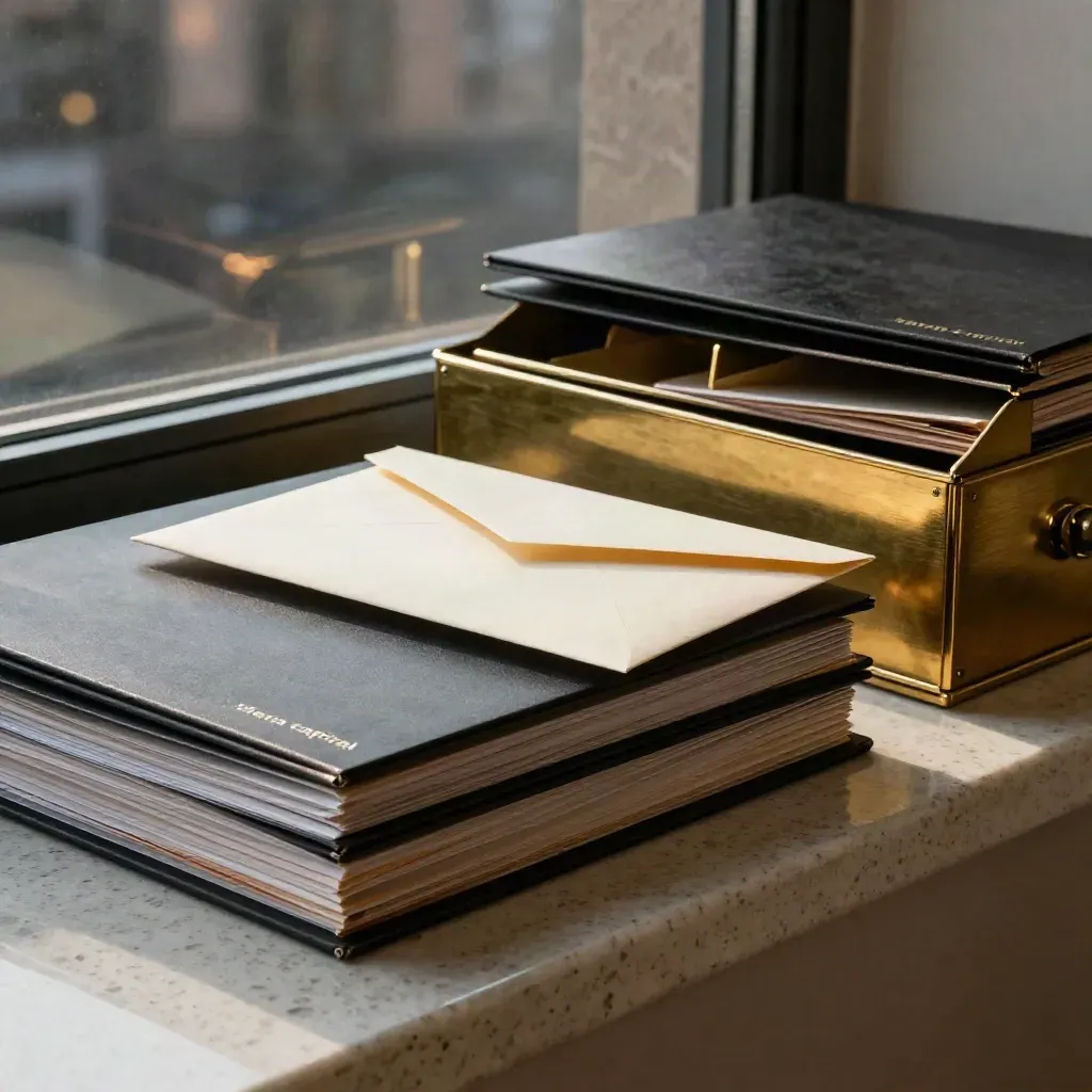 Black target folders, brass index box and ivory envelopes on a travertine ledge beside a dusk window.