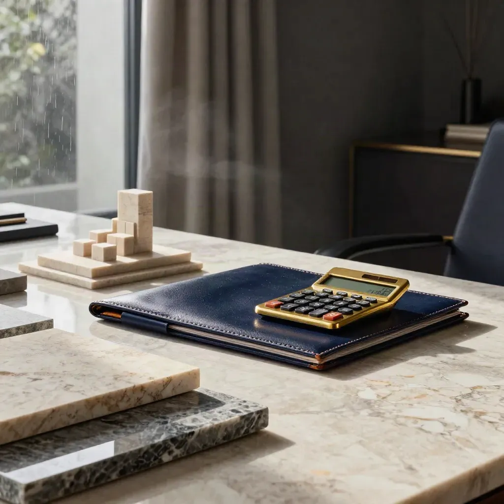 Premium finance still life in a rain-dim private office: brass calculator, leather folio, stone samples.