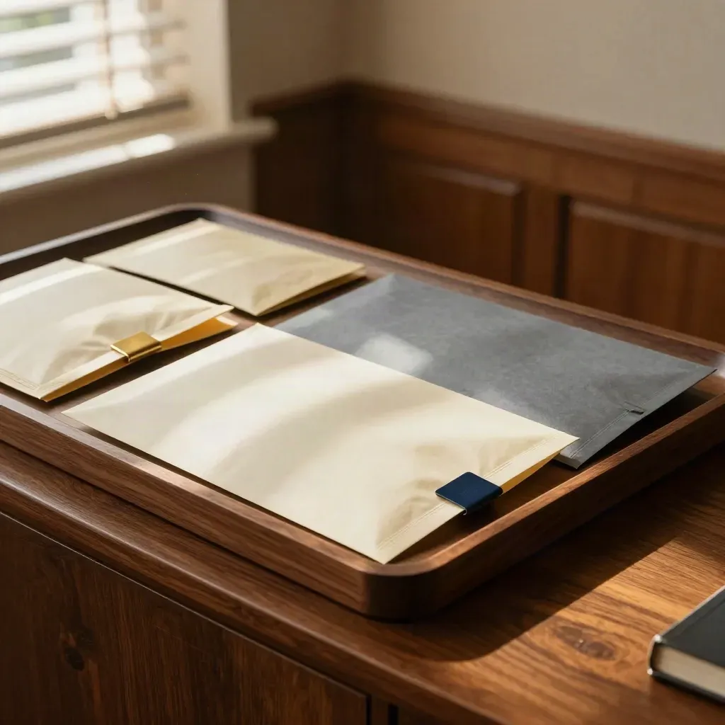 Four sealed offer packets on a dark wood tray, one brass clip marking the chosen path.