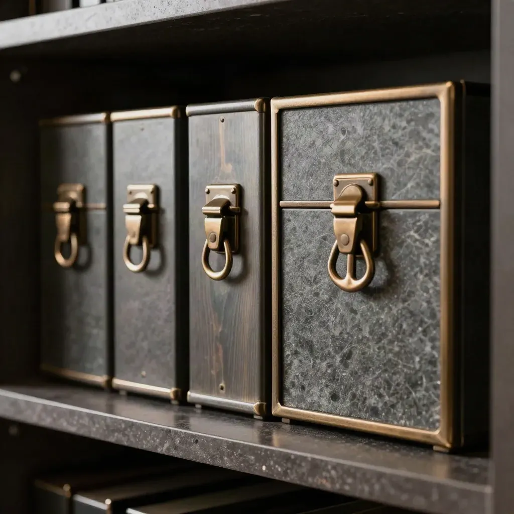 Macro of brushed metal and stone vault cases on a private shelf, one reserve box set apart