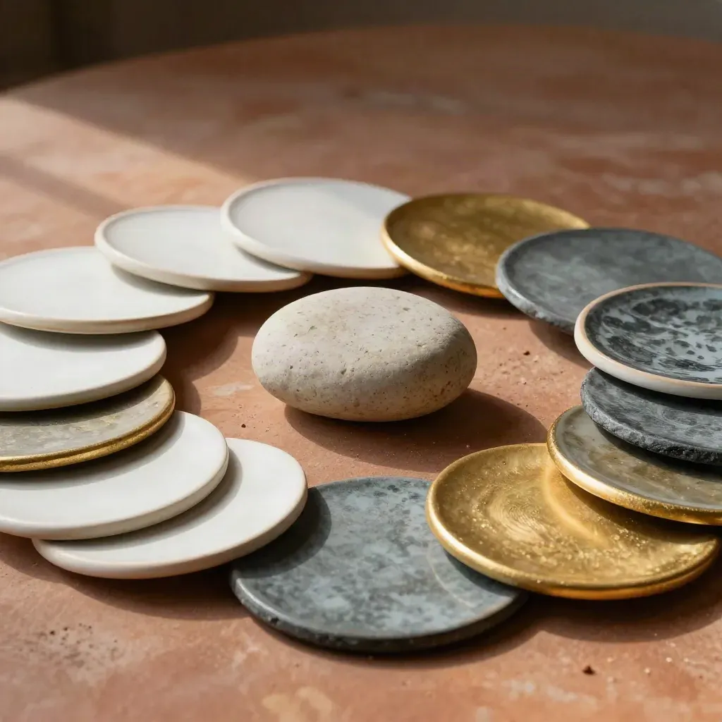 Ceramic allocation discs around a balance stone on terracotta clay, editorial finance still life.