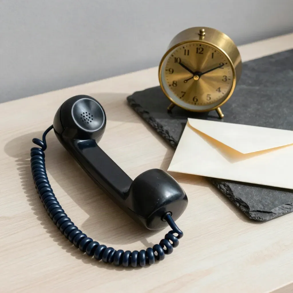 Desk handset, brass clock and sealed envelope on a stone tray in soft daylight.