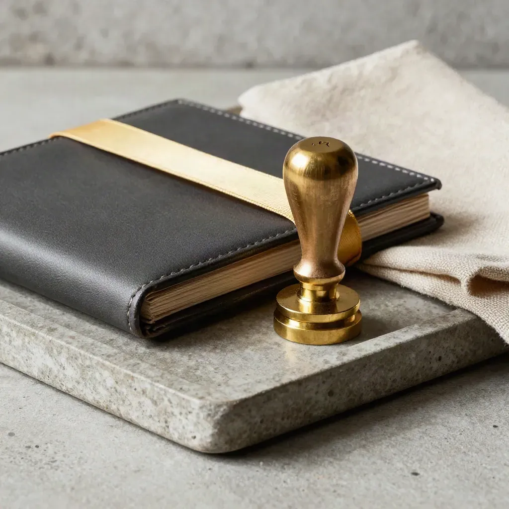 Brass seal stamp beside a clasped portfolio case and taut ribbon on a stone tray.