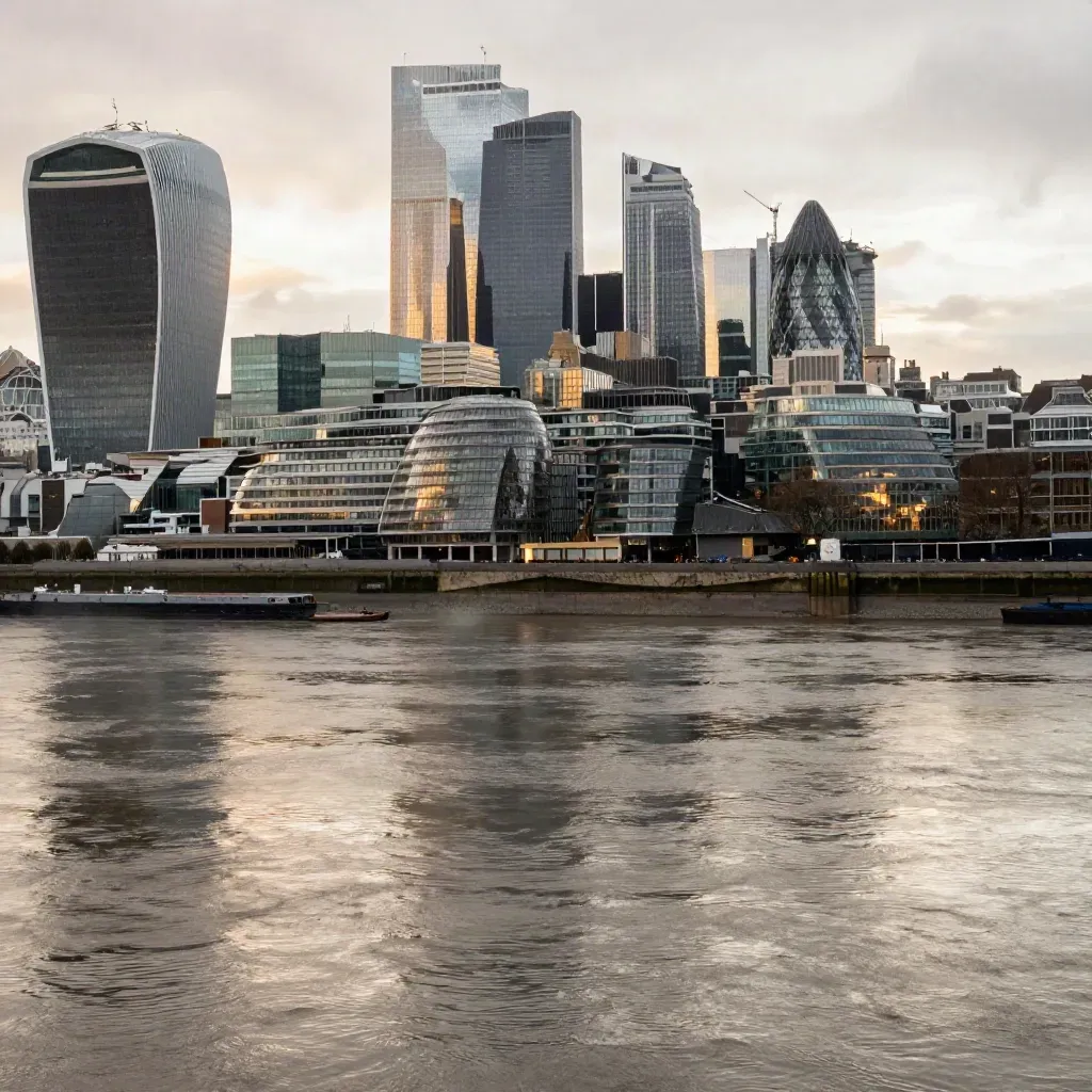 London skyline and Thames in mist, amber-lit after rain with calm water below